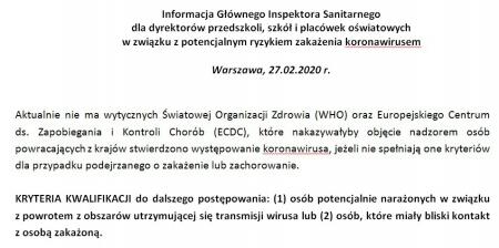 Informacja Głównego Inspektora Sanitarnego dot. koronawirusa