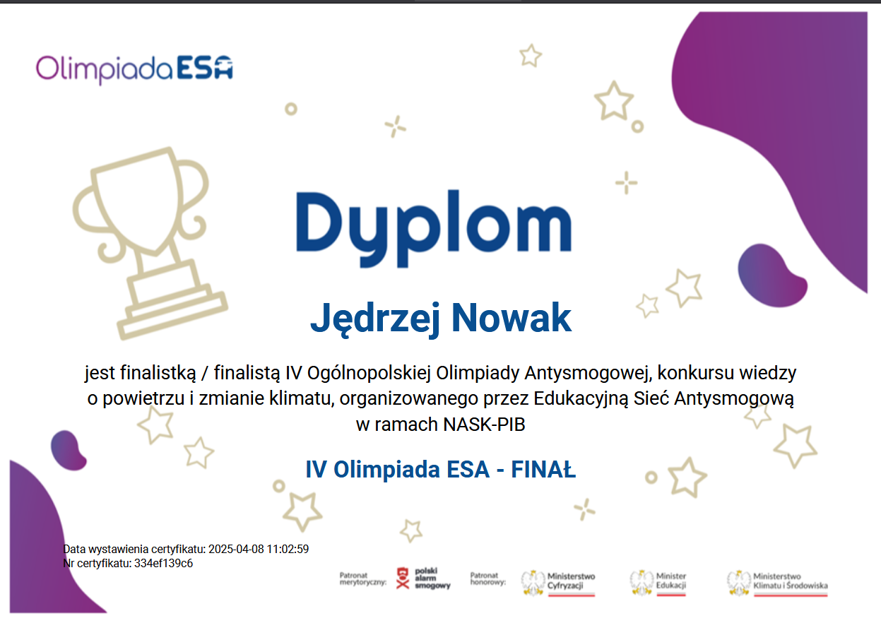 Jędrzej Nowak – Finalista IV Ogólnopolskiej Olimpiady Antysmogowej