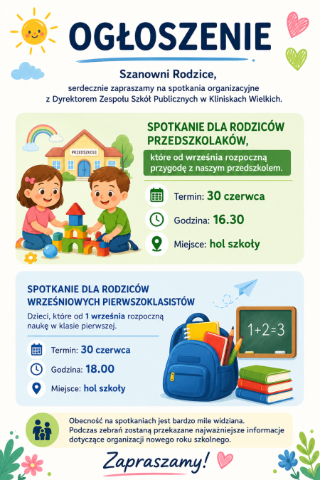 Spotkanie dla rodziców uczniów ropoczynających naukę w przedszkolu i 1 klasie